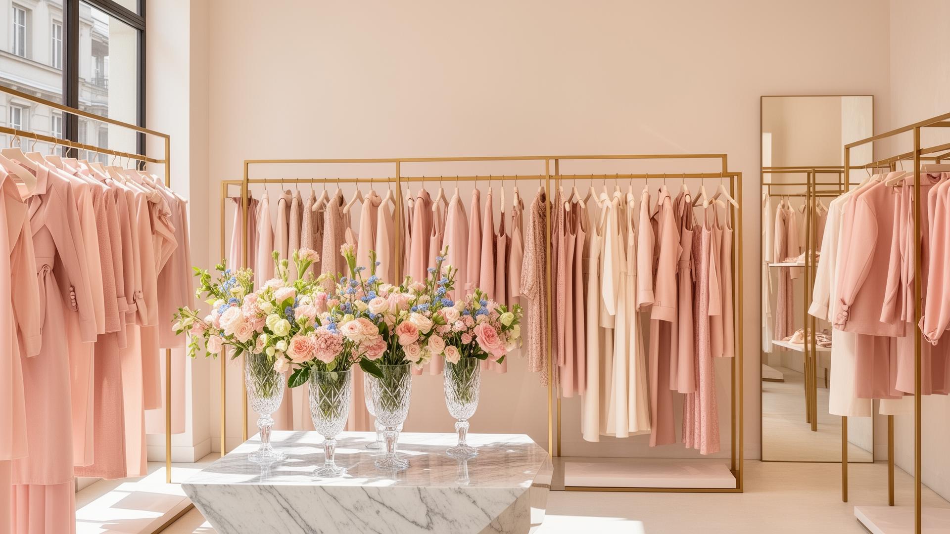 Inside Winged Star Boutique at Greentree Mall in Clarksville IN, featuring curated women's fashion on gold racks with natural lighting
