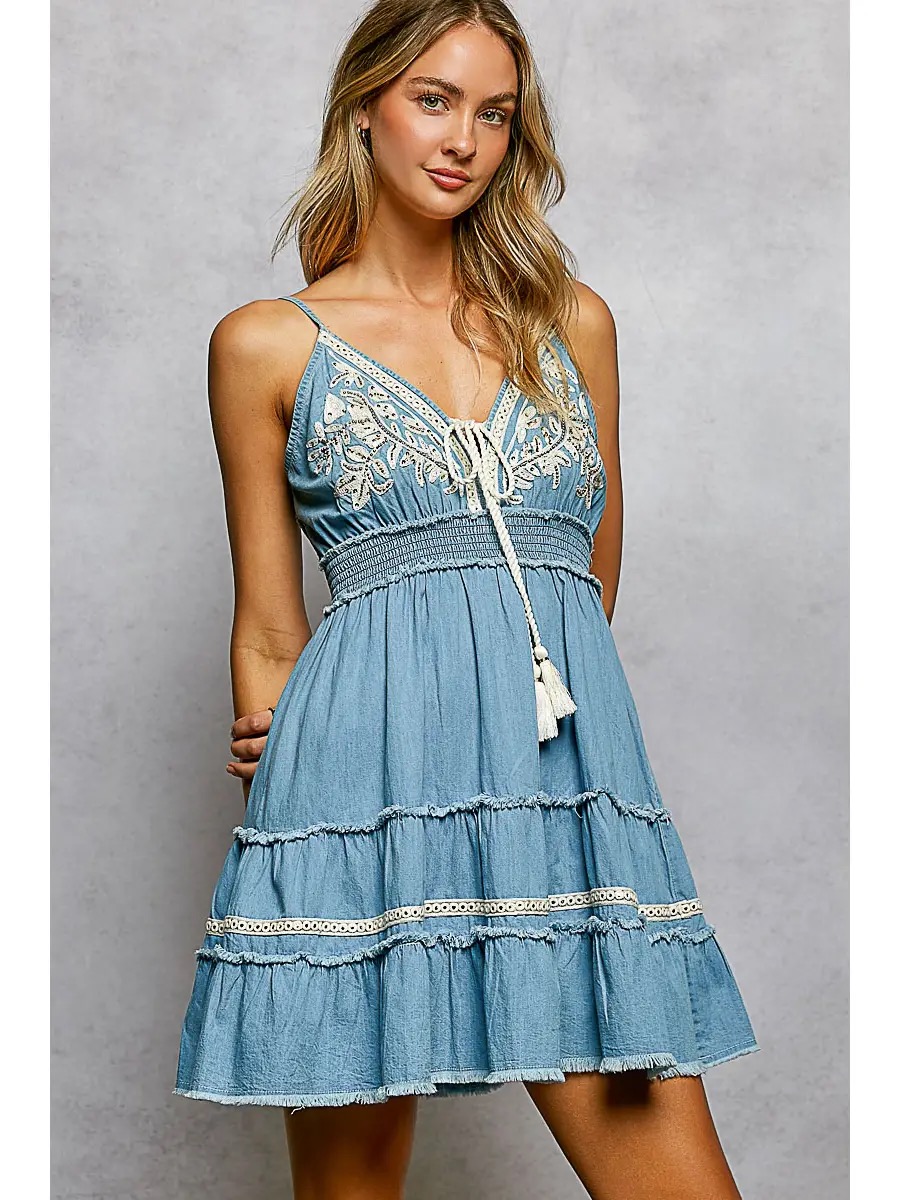 Tiered denim sundress with embroidered bodice at Winged Star Boutique